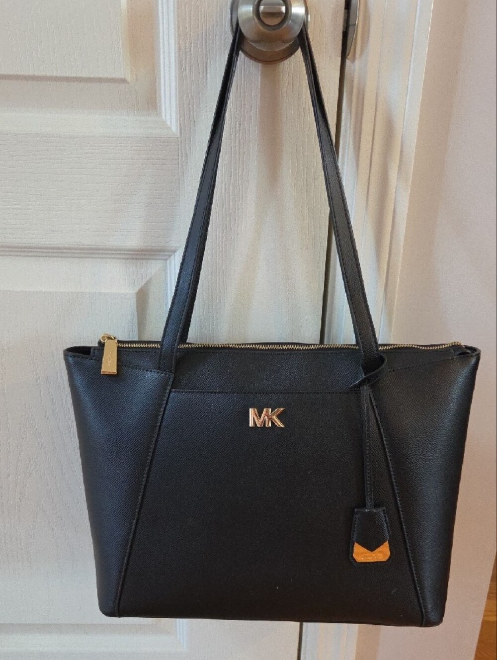 Michael Kors Black Leather Tote with Gold MK Logo